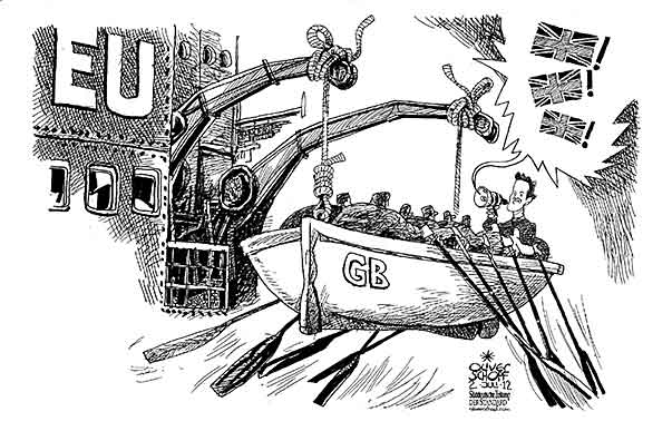 Oliver Schopf, politischer Karikaturist aus Österreich, politische Karikaturen aus Österreich, Karikatur Illustrationen Politik Politiker Europa 2012 EU EURO KRISE MERKEL EU-GIPFEL UEFA EURO 2012 EU GROSSBRITANNIEN CAMERON DAVID SCHIFF RETTUNGSBOOT RUDERN EURO KRISE KNOTEN