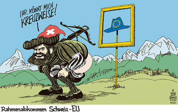 Oliver Schopf, politischer Karikaturist aus Österreich, politische Karikaturen aus Österreich, Karikatur Cartoon Illustrationen Politik Politiker Europa 2021: EU EUROPÄISCHE UNION SCHWEIZ FAHNE KREUZ RAHMENABKOMMEN WILHELM TELL GESSLERHUT GRÜSSEN KREUZWEISE GERN HABEN 
