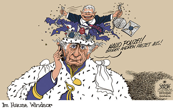 Oliver Schopf, politischer Karikaturist aus Österreich, politische Karikaturen aus Österreich, Karikatur Cartoon Illustrationen Politik Politiker Europa @oliverschopf.bsky.social 2026: GROSSBRITANNIEN MONARCHIE KÖNIG CHARLES III ANDREW MOUNTBATTEN EPSTEIN FILES UNTERLAGEN POLIZEI UNTERSUCHUNGEN FESTNAHME KRONE HAUS WINDSOR RUF BESCHÄDIGEN










 



