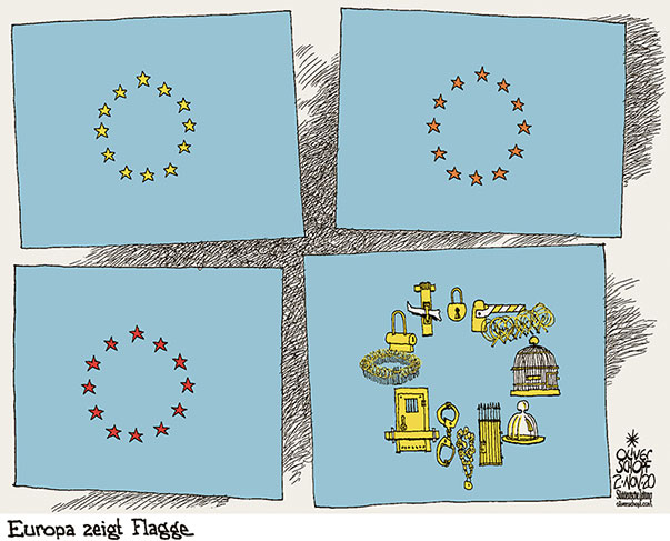 Oliver Schopf, politischer Karikaturist aus Österreich, politische Karikaturen aus Österreich, Karikatur Cartoon Illustrationen Politik Politiker Europa 2020: CORONAVIRUS KRISE SARS-CoV-2 COVID-19 LOCKDOWN HERBST FAHNE FLAGGE FARBEN AMPEL GELB ORANGE ROT SPERRE AUSGANGSBESCHRÄNKUNG KETTE VOGELKÄFIG SCHLOSS SCHRANKE ZELLE EINSPERREN HANDSCHELLEN  
