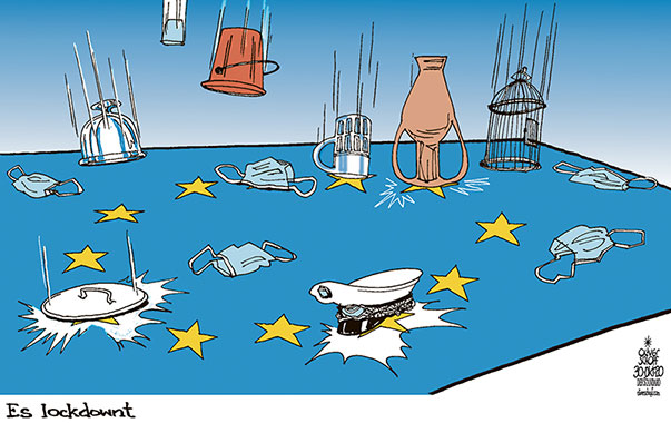 Oliver Schopf, politischer Karikaturist aus Österreich, politische Karikaturen aus Österreich, Karikatur Cartoon Illustrationen Politik Politiker Europa  2020: EU CORONAVIRUS KRISE SARS-CoV-2 COVID-19 HERBST LOCKDOWN SHUTDOWN ZWEITE WELLE FAHNE FLAGGE STERNE
