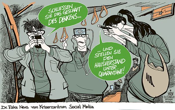 Oliver Schopf, politischer Karikaturist aus Österreich, politische Karikaturen aus Österreich, Karikatur Cartoon Illustrationen Politik Politiker Europa  2020: CORONAVIRUS SARS CoV-2 COVID 19 SCHUTZ MASSNAHMEN SOCIAL MEDIA FAKE NEWS ALTERNATIVE FAKTEN U-BAHN FAHRGÄSTE  HANDY SMARTPHONE WHATSAPP NACHRICHT HAUSVERSTAND PANIK HYSTERIE   
