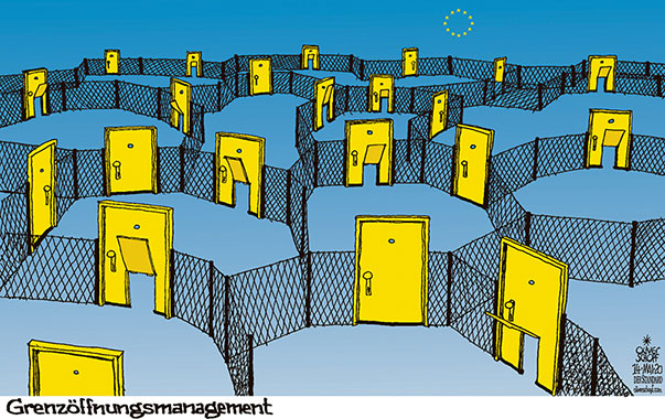 Oliver Schopf, politischer Karikaturist aus Österreich, politische Karikaturen aus Österreich, Karikatur Cartoon Illustrationen Politik Politiker Europa  2020: CORONAVIRUS KRISE SARS-COV-2 COVID-19 LOCKERUNG EU EUROPÄISCHE UNION GRENZEN NATIONALSTAATEN GRENZÖFFNUNG BINNENMARKT ZÄUNE TÜR KATZENTÜR
