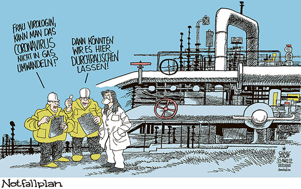 Oliver Schopf, politischer Karikaturist aus Österreich, politische Karikaturen aus Österreich, Karikatur Cartoon Illustrationen Politik Politiker Europa 2022: CORONAVIRUS PANDEMIE SARS-CoV-2 COVID-19 DURCHRAUSCHEN ALTERNATIVE ENERGIE GAS GASLEITUNG UKRAINE KRIEG PUTIN NOTFALLPLAN



