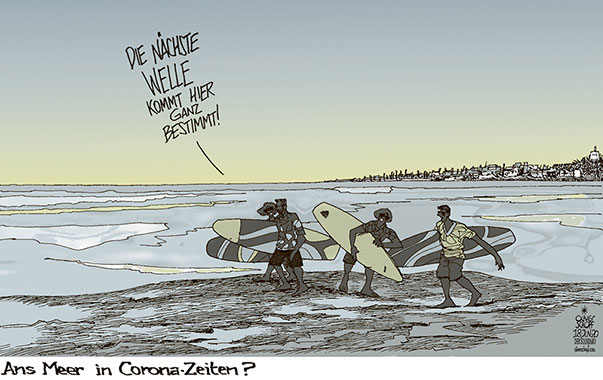Oliver Schopf politische Karikatur: Der Sommerurlaub 2020 am Meer ist in Europa wieder möglich. Ob es dann zu einer zweiten Welle kommen wird oder nicht, bleibt offen. Dass Wellen aber kommen werden, das ist sicher.
Oliver Schopf, politischer Karikaturist aus Österreich, politische Karikaturen aus Österreich, Karikatur Cartoon Illustrationen Politik Politiker Europa Süddeutsche Zeitung 2020: CORONAVIRUS SARS-COV-2 COVID-19 KRISE GRENZÖFFNUNGEN URLAUB MEER INFEKTION ZWEITE WELLE SURFEN SURFING STRAND WELLENREITEN