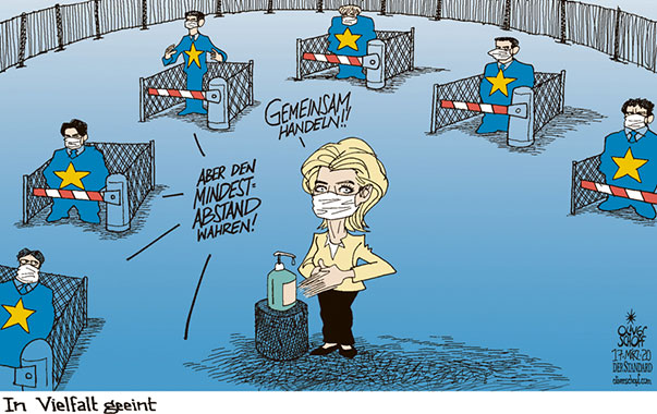 Oliver Schopf, politischer Karikaturist aus Österreich, politische Karikaturen aus Österreich, Karikatur Cartoon Illustrationen Politik Politiker Europa  2020: EU CORONAVIRUS COV-2 COVID-19 MINDESTABSTAND VON DER LEYEN MITGLIEDSTAATEN NATIONALE GRENZEN SCHLIESSUNG ZAUN EINREISEVERBOT MUNDSCHUTZ DESINFEKTION IN VIELFALT GEEINT  
