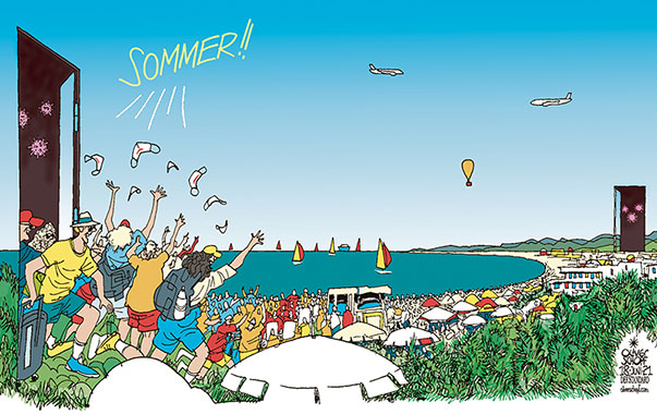 Oliver Schopf, politischer Karikaturist aus Österreich, politische Karikaturen aus Österreich, Karikatur Cartoon Illustrationen Politik Politiker Europa 2021: CORONAVIRUS KRISE SARS-CoV-2 COVID-19 SOMMER REISEFREIHEIT URLAUB STRAND BESCHRÄNKUNGEN AUFHEBEN LOCKDOWN LOCKERUNGEN MASKE HERBST DELTA VARIANTE MUTATION


