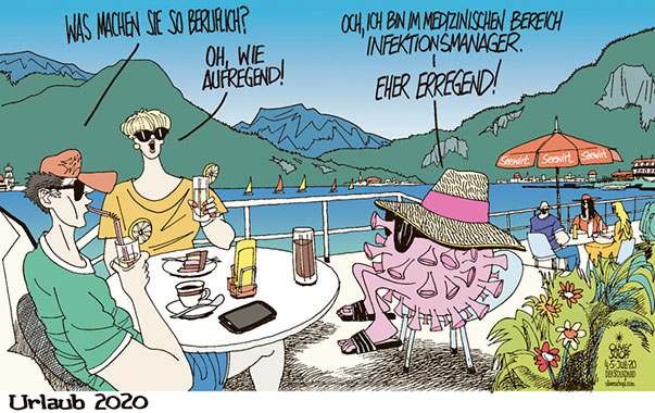 Oliver Schopf politische Karikatur: Die Sommerferien 2020 beginnen, das Coronavirus fährt natürlich mit.
Oliver Schopf, politischer Karikaturist aus Österreich, politische Karikaturen aus Österreich, Karikatur Cartoon Illustrationen Politik Politiker Europa Süddeutsche Zeitung 2020: CORONAVIRUS KRISE SARS-COV-2 COVID-19 FERIEN SCHULFERIEN SOMMERFERIEN URLAUB SEE SALZKAMMERGUT SEEWIRT TERRASSE JAUSE DRINK SMALL TALK GESPRÄCH SOMMERFRISCHE BADEN SEGELN HITZE WASSER ABSTAND