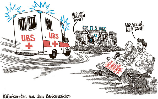 Oliver Schopf, politischer Karikaturist aus Österreich, politische Karikaturen aus Österreich, Karikatur Cartoon Illustrationen Politik Politiker Europa 2023: SCHWEIZ CREDIT SUISSE UBS PLEITE RETTUNG BANKENRETTUNG BONUS BONI MENSCHEN INFLATION TEUERUNG ENERGIEPREISE MIETEN LEBENSMITTEL PARKBANK


