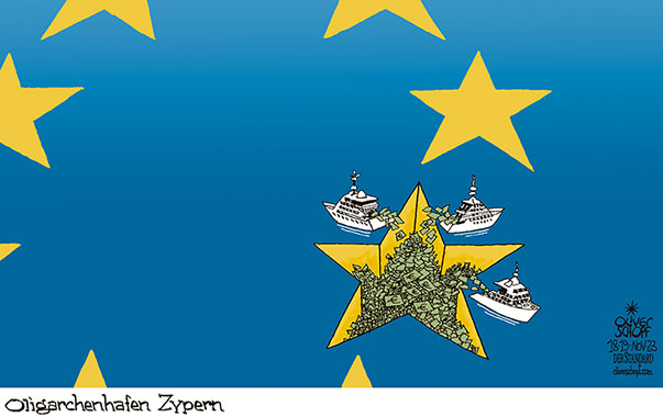 Oliver Schopf, politischer Karikaturist aus Österreich, politische Karikaturen aus Österreich, Karikatur Cartoon Illustrationen Politik Politiker Europa 2023: EU EUROPÄISCHE UNION FAHNE ZYPERN CYPRUS CONFIDENTIAL LEAK OLIGARCHEN RUSSLAND UKRAINE OFFSHORE GELDFLÜSSE HAFEN STEUERPARADIES












