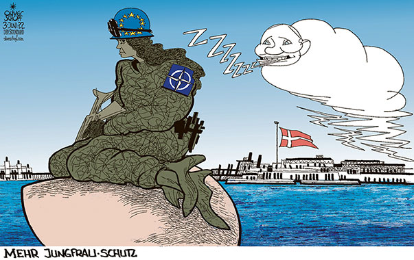 Oliver Schopf, politischer Karikaturist aus Österreich, politische Karikaturen aus Österreich, Karikatur Cartoon Illustrationen Politik Politiker Europa 2022: DÄNEMARK KOPENHAGEN MEERJUNGFRAU NATO EU VERTEIDIGUNG SICHERHEIT ARMEE REFERENDUM PUTIN UKRAINE KRIEG 

