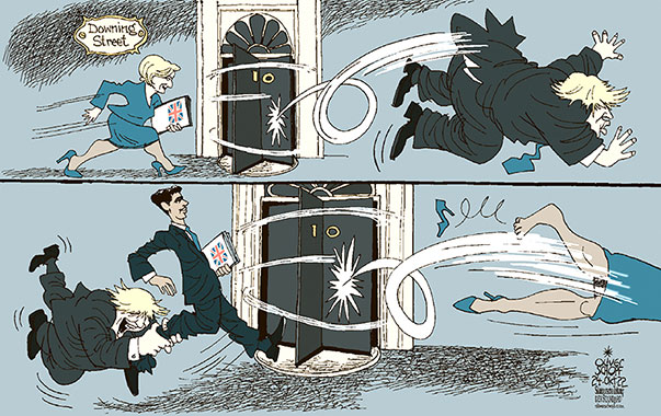 Oliver Schopf, politischer Karikaturist aus Österreich, politische Karikaturen aus Österreich, Karikatur Cartoon Illustrationen Politik Politiker Europa, Süddeutsche Zeitung, Meinung, Seite 4, 2022: GROSSBRITANNIEN PREMIERMINISTER 10 DOWNING STREET BORIS JOHNSON LIZ TRUSS RISHI SUNAK DREHTÜR REVOLVING DOOR 



