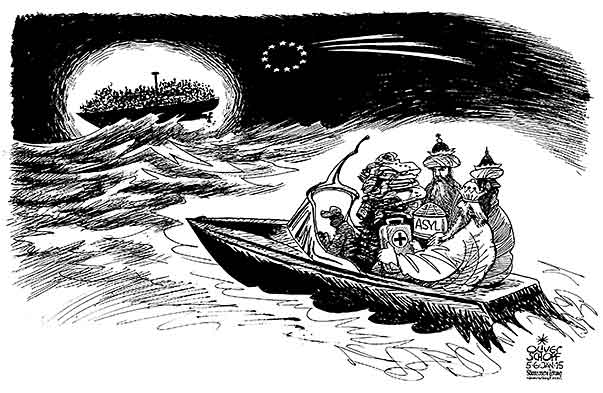  Oliver Schopf, politischer Karikaturist aus Österreich, politische Karikaturen, Illustrationen Archiv politische Karikatur Europa Asyl und Flüchtlinge 2015 EU FLUECHTLINGE MITTELMEER SCHIFF EZADEEN SCHLEPPER BANDEN BESATZUNG FEUER FAEHRE HEILIGE DREI KOENIGE RETTUNG ASYL




