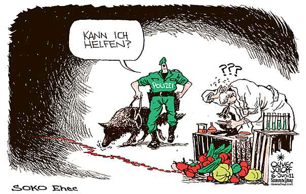  Oliver Schopf, politischer Karikaturist aus Österreich, politische Karikaturen, Illustrationen Archiv politische Karikatur Europa diverse Themen
2011 ehec bakterium keim erreger gurke gemuese verhoer vernehmungsraum kriminalpolizei gemuese gurke spur polizei hund suchen faehrte robert koch institut




