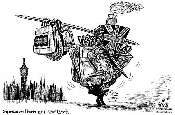  Oliver Schopf, politischer Karikaturist aus Österreich, politische Karikaturen aus Österreich, Karikatur Illustrationen Europa 2009: spesenskandal spesenrittern auf brithisch ritter mit einkaufssackerln wird von englishman getragen
eu, europäische union wahlen, wahl,  england, grossbritannien, spesen, ritter, parlament, einkaufen Politik Politiker 

   