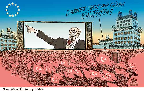  Oliver Schopf, politischer Karikaturist aus Österreich, politische Karikaturen, Illustrationen Archiv politische Karikatur Europa Türkei eu tuerkei 2017 ERDOĞAN VERSAMMLUNG AUFTRITT BÜHNE EU FEINDBILD PROVOKATION GÜLEN BEWEGUNG PUBLIC VIEWING DISPLAY GEFÄNGNIS EINSPERREN  

