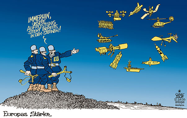 Oliver Schopf, politischer Karikaturist aus Österreich, politische Karikaturen aus Österreich, Karikatur Cartoon Illustrationen Politik Politiker Europa @oliverschopf.bsky.social 2026: EU EUROPÄISCHE UNION ARMEE AUFRÜSTUNG STERNE FAHNE AUSRÜSTUNG IN DEN STERNEN STEHEN VERTEIDIGUNG WAFFEN FCAS KAMPFJET














 



