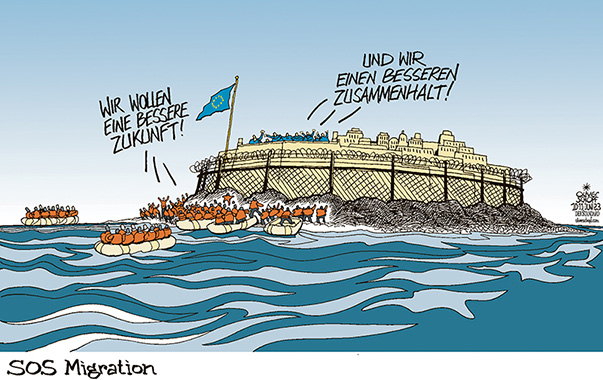 Oliver Schopf, politischer Karikaturist aus Österreich, politische Karikaturen aus Österreich, Karikatur Cartoon Illustrationen Politik Politiker Europa 2023: EUROPÄISCHE UNION EU ASYL REFORM MIGRATION AUSSENGRENZE ZAUN FESTUNG FLÜCHTLINGE SCHLAUCHBOOTE MITTELMEER ZUKUNFT ZUSAMMENHALT
