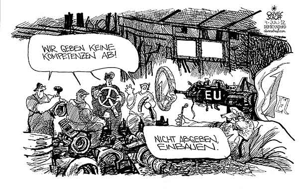 Oliver Schopf, politischer Karikaturist aus Österreich, politische Karikaturen aus Österreich, Karikatur Illustrationen Politik Politiker Europa 2012 EU EURO KRISE MERKEL EU-GIPFEL UEFA EURO 2012 EU EURO KRISE KOMPETENZEN AUTO WERKSTATT MECHANIKER FAHRGESTELL GARAGE ERSATZTEILE