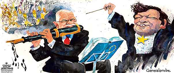 Oliver Schopf, politischer Karikaturist aus Österreich, politische Karikaturen aus Österreich, Karikatur Illustrationen Politik Politiker Europa 2009: eu, lissabon vertrag, barroso, vaclav klaus, orchester, musik, querfloete, schreibfeder, dirigieren, generalprobe