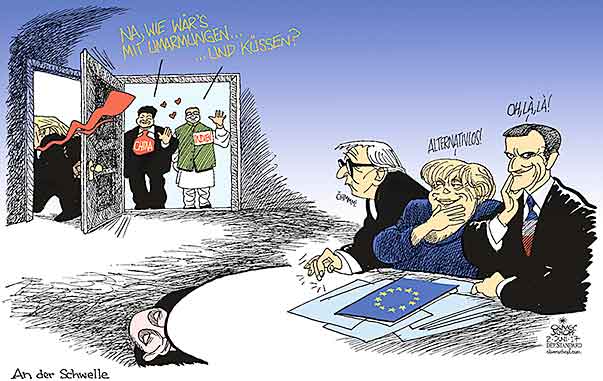  Oliver Schopf, politischer Karikaturist aus Österreich, politische Karikaturen, Illustrationen Archiv politische Karikatur Welt Asien  2017 : EU CHINA INDIEN USA TRUMP XI JINPING NARENDRA MODI JUNCKER MERKEL MACRON PUTIN ZUSAMMENARBEIT VERLASSEN TÜR UMARMUNG KUSS



