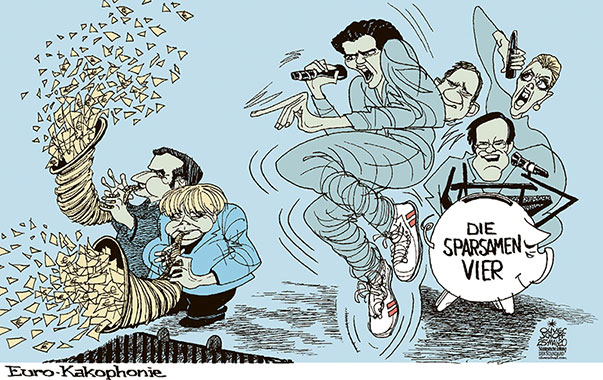 Oliver Schopf politische Karikatur: Der Corona-Wiederaufbaufonds teilt die Mitglieder: Die Sparsamen Vier (Kurz, Rutte, Löfven und Frederiksen) wollen Kredite, Merkel und Macron Zuschüsse.
Oliver Schopf, politischer Karikaturist aus Österreich, politische Karikaturen aus Österreich, Karikatur Cartoon Illustrationen Politik Politiker Europa 2020: EU EUROPÄISCHE UNION WIEDERAUFBAU FONDS MERKEL MACRON DIE SPARSAMEN VIER KURZ RUTTE LÖFVEN METTE FREDERIKSEN DIE FANTASTISCHEN VIER KONZERT MUSIK KAKOPHONIE SPAREN SPARSCHWEIN