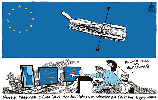  Oliver Schopf, politischer Karikaturist aus Österreich, politische Karikaturen, Illustrationen Archiv politische Karikatur Europa Politik & Gesellschaft  2019 EU WAHL STERNE UNIVERSUM EXPANSION HUBBLE TELESKOP DUNKLE ENERGIE RECHTSEXTREMISMUS NATIONALISMUS OBSERVATORIUM ASTRONOMEN
