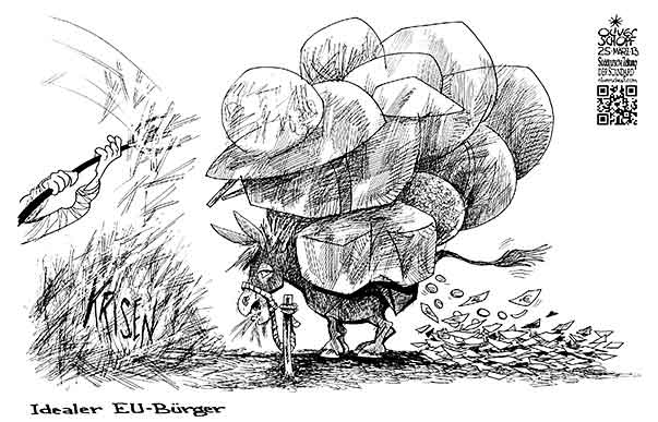 Oliver Schopf, politischer Karikaturist aus Österreich, politische Karikaturen aus Österreich, Karikatur Cartoon Illustrationen Wirtschaft und Finanzen Europa 2013 EU EURO KRISE BUERGER BUERGERIN ESEL GOLDESEL LASTTIER BELASTUNGEN TRAGEN SCHLEPPEN









