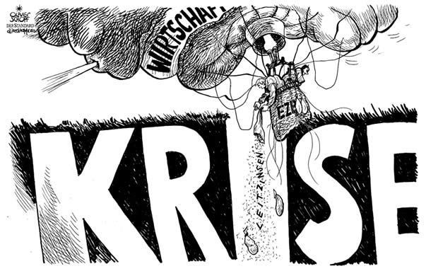  Oliver Schopf, politischer Karikaturist aus Österreich, politische Karikaturen aus Österreich, Karikatur Illustrationen Europa 2009: krise ezb wirft ab um nicht mit fesselballon am boden zu zerschellen
eu europäische union ezb, krise, wirtschaft, leitzinsen, heissluftballon, sandsaecke


   