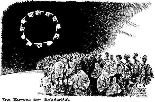  Oliver Schopf, politischer Karikaturist aus Österreich, politische Karikaturen, Illustrationen Archiv politische Karikatur Europa Asyl und Flüchtlinge 2015 EU FLUECHTLINGE FLUCHT EUROPA SOLIDARITÄT STERNE VERANTWORTUNG ABSCHIEBEN FINGER ZEIGEN 





