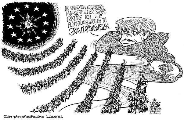  Oliver Schopf, politischer Karikaturist aus Österreich, politische Karikaturen, Illustrationen Archiv politische Karikatur Europa Asyl und Flüchtlinge 2015 EU FLÜCHTLINGE FLÜCHTLINGSWELLEN MERKEL LÖSUNG GRAVITATIONSWELLEN KOLLISIONEN MASSEREICHE STERNE KRÜMMUNG BEUGUNG



