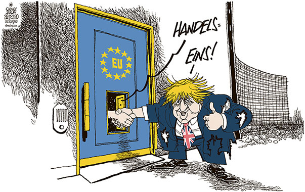 Oliver Schopf, politischer Karikaturist aus Österreich, politische Karikaturen aus Österreich, Karikatur Cartoon Illustrationen Politik Politiker Europa Süddeutsche Zeitung, Seite 4, 2020: BREXIT EU EUROPÄISCHE UNION KOMMISSION GROSSBRITANNIEN BORIS JOHNSON EINIGUNG HANDELSEINS TÜR KATZENTÜRL  
