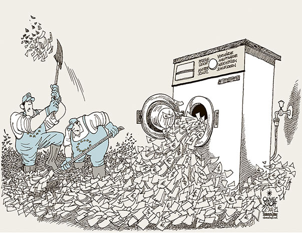 Oliver Schopf, editorial cartoons from Austria, cartoonist from Austria, Austrian illustrations, illustrator from Austria, editorial cartoon politics politician Europe, Süddeutsche Zeitung, Meinung, Seite 4, Cartoon Arts International, 2021: EU EUROPEAN UNION MONEY LAUNDERING CASH WASHING MACHINE CRIMINAL 
