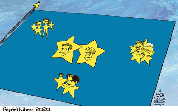 Oliver Schopf, politischer Karikaturist aus Österreich, politische Karikaturen aus Österreich, Karikatur Cartoon Illustrationen Politik Politiker Europa  2020: EU GIPFEL CORONA HILFEN BUDGET FAHNE STERNE MACRON MERKEL SPARSAMEN VIER VISEGRÁD GRUPPE LÄNDER GIUSEPPE CONTE MARK RUTTE SEBASTIAN KURZ ORBÁN KACZYNSKI
