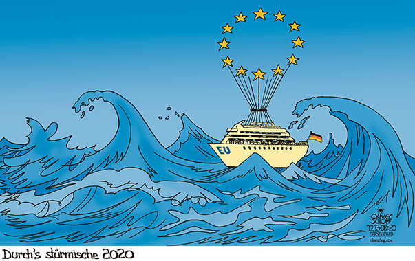 Oliver Schopf, politischer Karikaturist aus Österreich, politische Karikaturen aus Österreich, Karikatur Cartoon Illustrationen Politik Politiker Europa 2020: EU EUROPÄISCHE UNION GIPFEL BUDGET EINIGUNG MEER STURM WELLEN WOGEN SCHIFF STERNE HEISSLUFTBALLON KURS 
