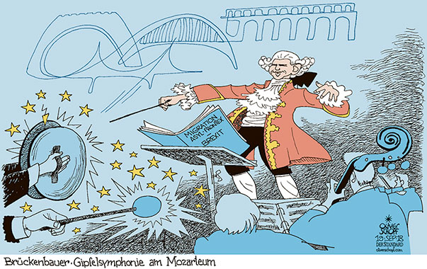  Oliver Schopf, politischer Karikaturist aus Österreich, politische Karikaturen, Illustrationen Archiv politische Karikatur Österreich: EU-Ratspräsidentschaft 2018 EU GIPFEL SALZBURG MOZARTEUM KONZERT DIRIGENT SEBASTIAN KURZ MOZART SYMPHONIE BRÜCKENBAUER MIGRATION FRONTEX ASYL BREXIT