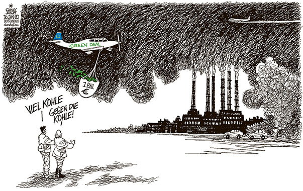  Oliver Schopf, politischer Karikaturist aus Österreich, politische Karikaturen, Illustrationen Archiv politische Karikatur Europa Klima und Umwelt
 2020 EU GREEN DEAL VON DER LEYEN CO2 KLIMAWANDEL KOHLE GELD EURO INVESTITION FLUGZEUG ABGASE FOSSILE BRENNSTOFFE

