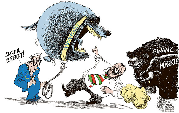 Oliver Schopf, politischer Karikaturist aus Österreich, politische Karikaturen aus Österreich, Karikatur Illustrationen Politik Politiker Europa 2018 ITALIEN EU DEFIZITVERFAHREN BUDGET JUNCKER SALVINI BALLON SCHARFER HUND FINANZMÄRKTE BÖRSE BULLE BÄR 
 

 



   