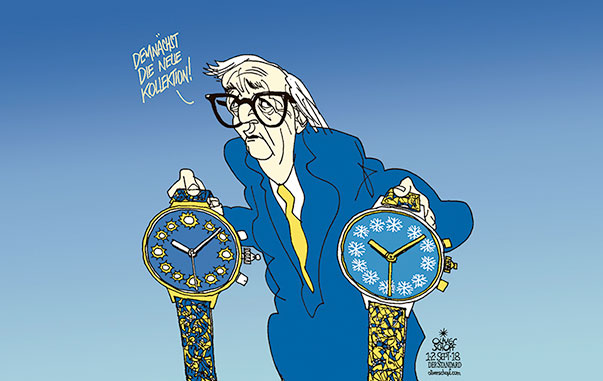 Oliver Schopf, politischer Karikaturist aus Österreich, politische Karikaturen aus Österreich, Karikatur Cartoon Illustrationen Politik Politiker Europa 2018 ZEITUMSTELLUNG SOMMERZEIT WINTERZEIT EU JEAN CLAUDE JUNCKER UHREN ARMBANDUHR KOLLEKTION
