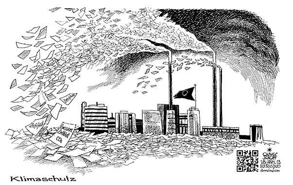  Oliver Schopf, politischer Karikaturist aus Österreich, politische Karikaturen, Illustrationen Archiv politische Karikatur Europa Klima und Umwelt
 2013 EU KLIMA SCHUTZ ERWAERMUNG EMISSIONEN ZERTIFIKAT CO2 RAUCH TREIBHAUSGAS SCHLOT ABGASE 

