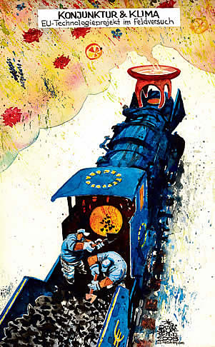  Oliver Schopf, politischer Karikaturist aus Österreich, politische Karikaturen aus Österreich, Karikatur Illustrationen Europa 2008:
EU, europäische union konjunktur eu-gipfel klimapaket konjunkturpaket technologie projekt im feldversuch zug lok lokomotive heizer Politik Politiker 
   