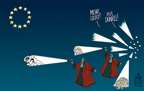 Oliver Schopf, politischer Karikaturist aus Österreich, politische Karikaturen aus Österreich, Karikatur Cartoon Illustrationen Politik Politiker Europa 2022: EU PARLAMENT KORRUPTION GELD GELDFLUSS KAILI SCHEICH UNTERSUCHUNGEN STAATSANWALTSCHAFT BELGIEN LICHT INS DUNKEL TASCHENLAMPEN AUSLEUCHTEN LICHTKEGEL




