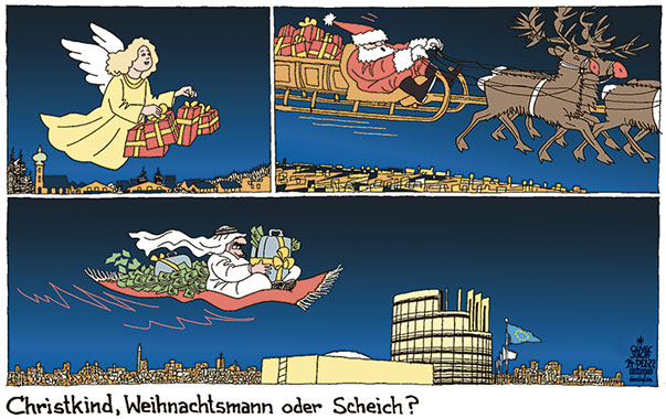 Oliver Schopf, politischer Karikaturist aus Österreich, politische Karikaturen aus Österreich, Karikatur Cartoon Illustrationen Politik Politiker Europa 2022: EU PARLAMENT STRASSBURG KORRUPTION SCHEICH KATAR GELD BESTECHUNG WEIHNACHTEN CHRISTKIND WEIHNACHTSMANN FLIEGENDER TEPPICH 




