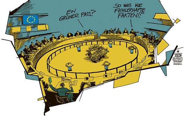 Oliver Schopf politische Karikatur: Eine einheitliche Corona-Politik der EU steht noch aus. Österreichs Kanzler Kurz schlägt unterdessen einen „Grünen Pass“ auf dem Handy vor. Geimpfte, Getestete und Genesene sollen mehr Freiheiten bekommen.
Oliver Schopf, politischer Karikaturist aus Österreich, politische Karikaturen aus Österreich, Karikatur Cartoon Illustrationen Politik Politiker Europa 2021: EU EUROPÄISCHE UNION GIPFEL BRÜSSEL RAT CORONAVIRUS KRISE SARS-CoV-2 COVID-19 GRÜNER PASS SEBASTIAN KURZ FEHLERHAFTE FAKTEN BERATUNG