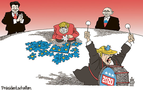  Oliver Schopf, politischer Karikaturist aus Österreich, politische Karikaturen aus Österreich, Karikatur Cartoon Illustrationen Politik Politiker Europa 2020: EU RAT RATSPRÄSIDENTSCHAFT VORSITZ DEUTSCHLAND MERKEL PUZZLE GESICHTSMASKE CHINA XI JINPING USA DONALD TRUMP RUSSLAND PUTIN

