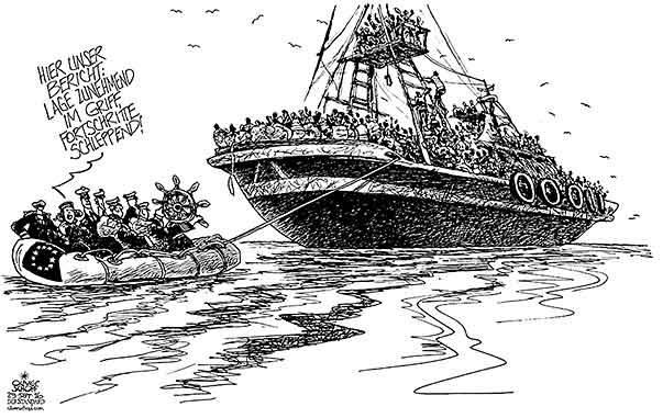 Oliver Schopf, politischer Karikaturist aus Österreich, politische Karikaturen aus Österreich, Karikatur Cartoon Illustrationen Politik Politiker Europa 2016 : EEU MIGRATIONSBERICHT FLÜCHTLINGE REFUGEES SCHIFF BOOT MITTELMEER SCHLAUCHBOOT STEUERRAD
 
