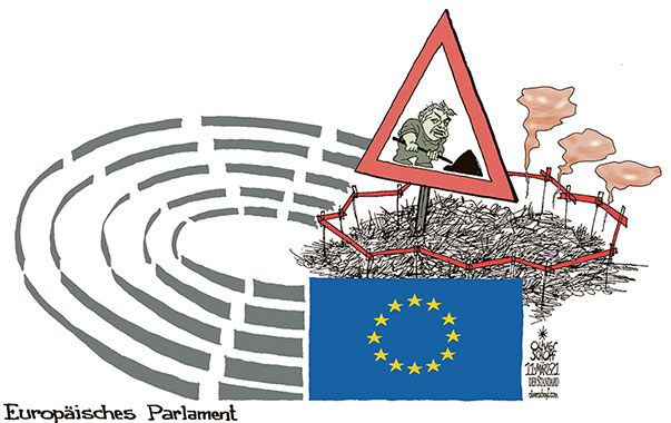 Oliver Schopf, politischer Karikaturist aus Österreich, politische Karikaturen aus Österreich, Karikatur Cartoon Illustrationen Politik Politiker Europa 2021: EU EUROPÄISCHES PARLAMENT LOGO VIKTOR ORBÁN RECHTSPARTEIEN LEGA LE PEN FPÖ NEUGRÜNDUNG EVP AUSTRITT BAUSTELLE VERKEHRSSCHILD UMBAUEN RECHTSAUSSEN  
