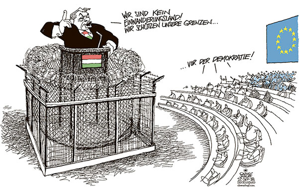 Oliver Schopf, politischer Karikaturist aus Österreich, politische Karikaturen aus Österreich, Karikatur Cartoon Illustrationen Politik Politiker Europa 2018 EU UNGARN VIKTOR ORBAN PARLAMENT STRASSBURG REDE ARTIKEL 7 RECHTSSTAATVERFAHREN FLÜCHTLINGE MIGRATION ZAUN GRENZEN GRENZSCHUTZ EINWANDERUNGSLAND DEMOKRATIE  
