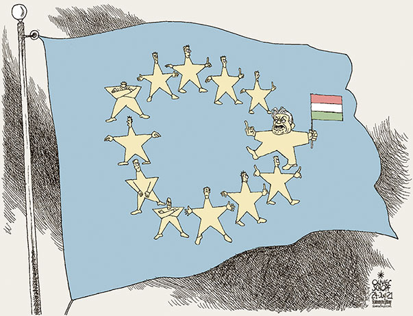 Oliver Schopf, editorial cartoons from Austria, cartoonist from Austria, Austrian illustrations, illustrator from Austria, editorial cartoon politics politician Europe, Cartoon Arts International, 2021: EUROPEAN UNION HUNGARY VIKTOR ORBÁN FINGER LGBTIQ LAW STARS  
