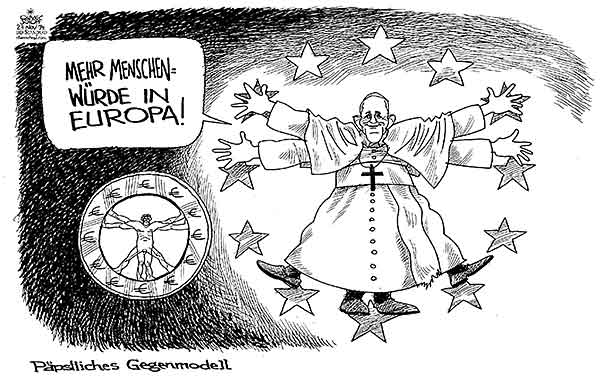  Oliver Schopf, politischer Karikaturist aus Österreich, politische Karikaturen, Illustrationen Archiv politische Karikatur Europa Euro Währungspolitik waehrung  eu euro 2014  EU PARLAMENT STRASSBURG PAPST FRANZISKUS REDE MENSCHENWUERDE MAHNUNG EURO GELD PROPORTION LEONARDO DA VINCI  




